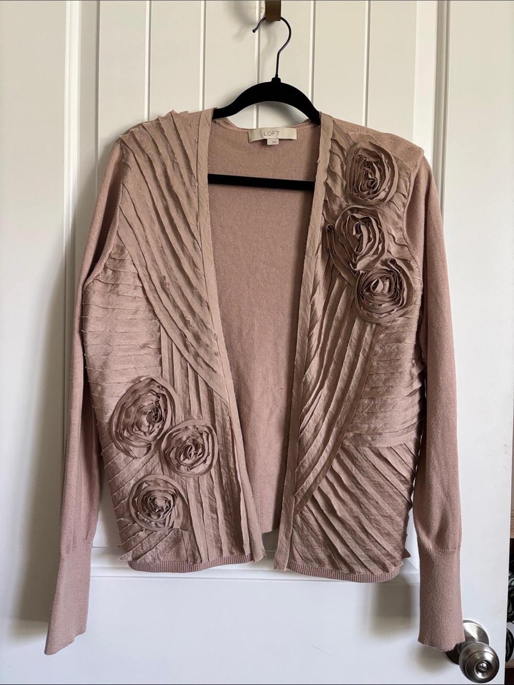 LOFT Beige Open-Front Cardigan with Rosette Appliqués